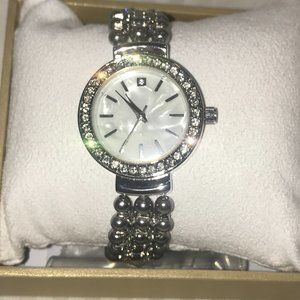 NEW IN BOX! CHARTER CLUB CRYSTAL & MOTHER OF PEARL GREY PEARL SILVER WATCH